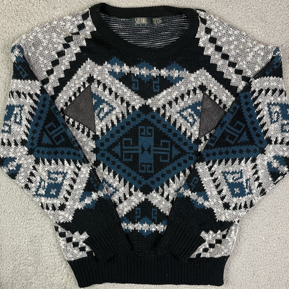 Vintage 90s Stefano Man‎ Sweater Abstract Knit Pullover Black Gray Blue Pattern